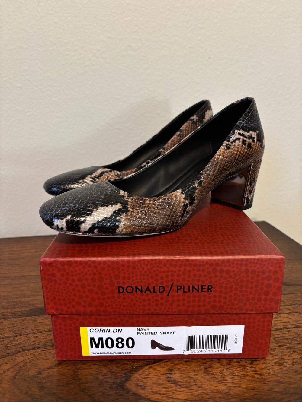 Donald J. Pliner Navy and Brown Snake-Print Block Heel Pumps